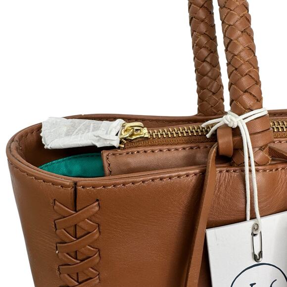 NWT Jack Rogers Bianca 100% Leather Tote Bag Brown Dual Braided Straps *Flaw* - Picture 3 of 13